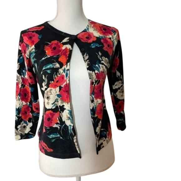 Garnet Hill Flowered Merino Wool Cardigan Sweater, Small - Picture 1 of 8